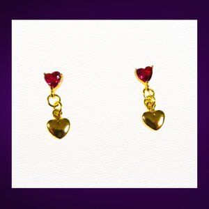 Petite Ruby CZ Heart Stud Earrings with Gold Heart Danglers